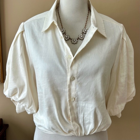Frame Voluminous Twist Blouse White Cream Linen Puff Sleeve Size Large - Picture 1 of 16